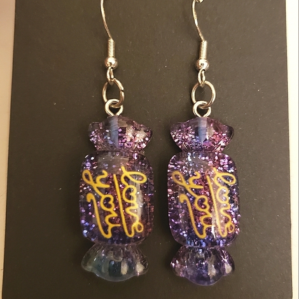 Handmade Purple Blue Candy Shaped Glitter Love You Earrings